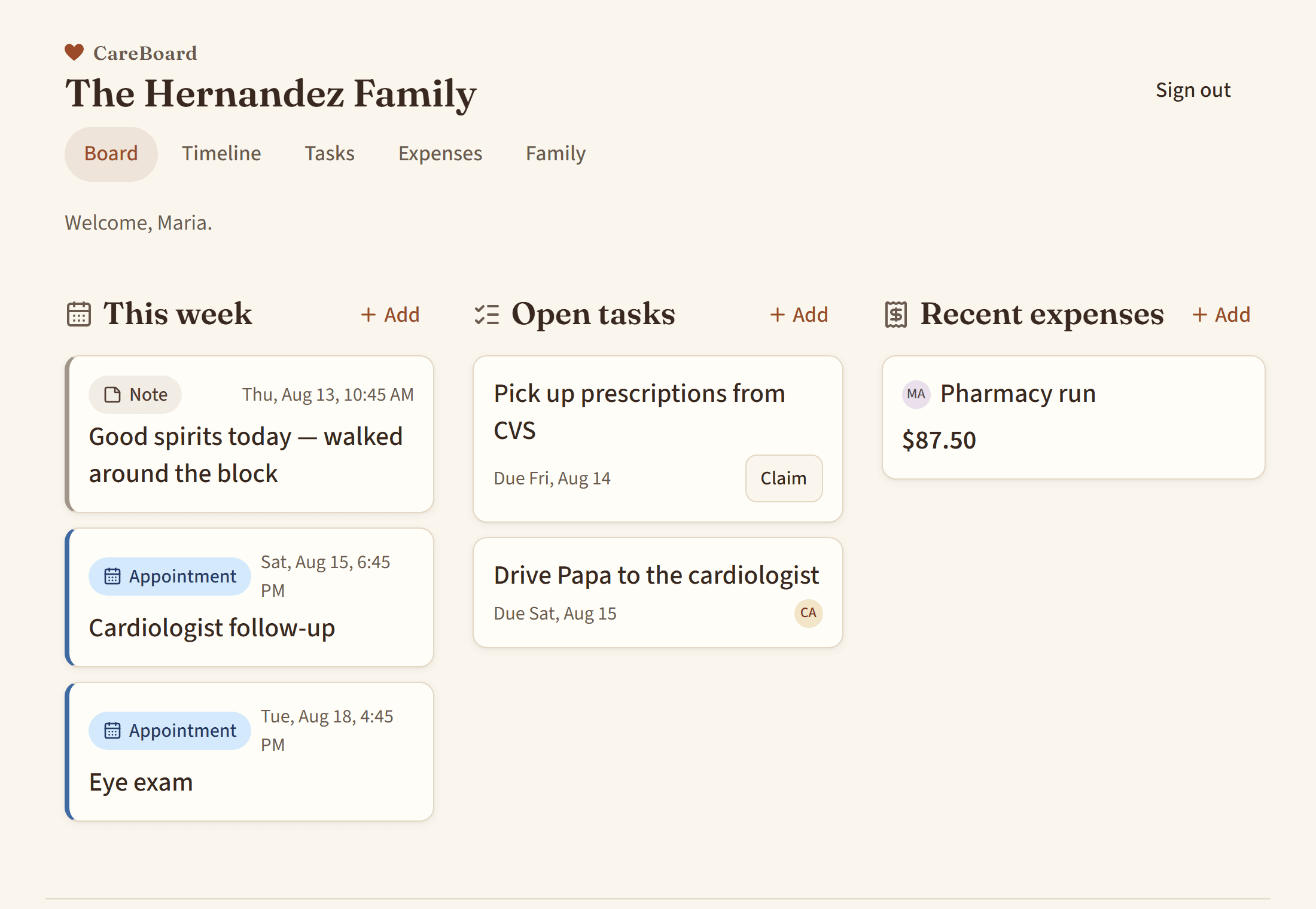 El tablero de CareBoard con la semana de una familia: próximas citas, tareas abiertas y gastos compartidos recientes